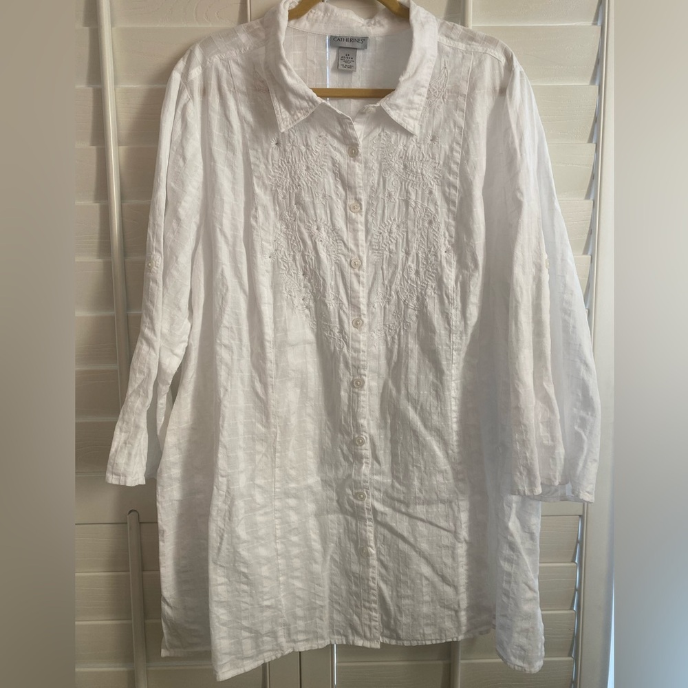 Catherine’s White Button-Up Shirt With Beaded Roll Tab Sleeves Size 2X